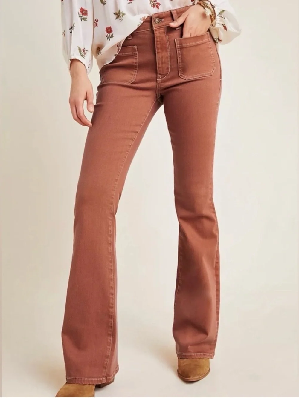 Pilcro Anthropologie High Rise Bootcut Jeans Rust Brown Size 27 Patch Pocket - Picture 2 of 9